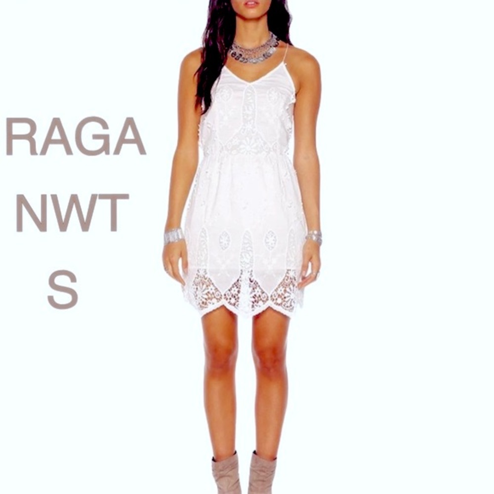 Raga white lace backless halter racer back cotton embroidered scallop mini dress